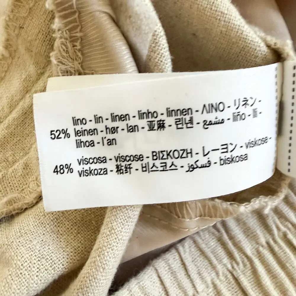 Zara Linen Blend Wide Leg Pants Beige Oatmeal Elastic Waist Size M EUC